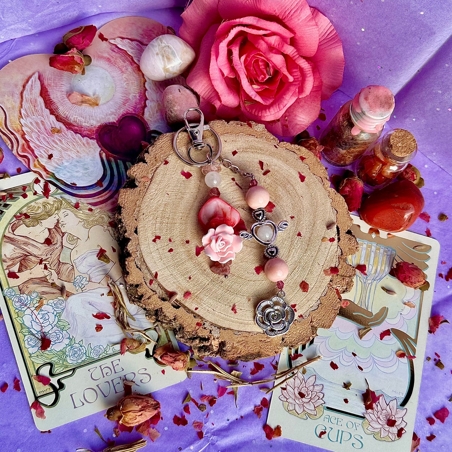 breloque de sac / porte-clés ange rose ~ quartz rose & quartz fraise