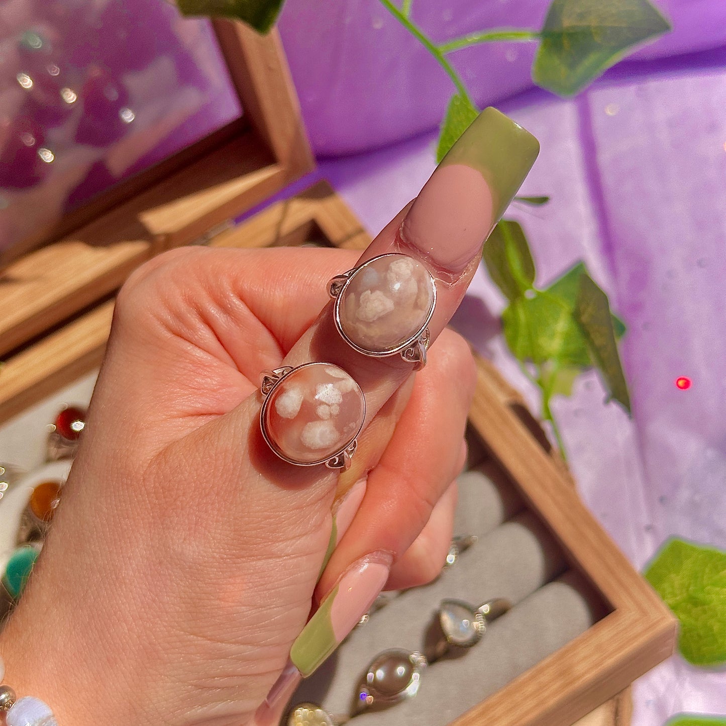 flower agate 925 sterling silver adjustable ring
