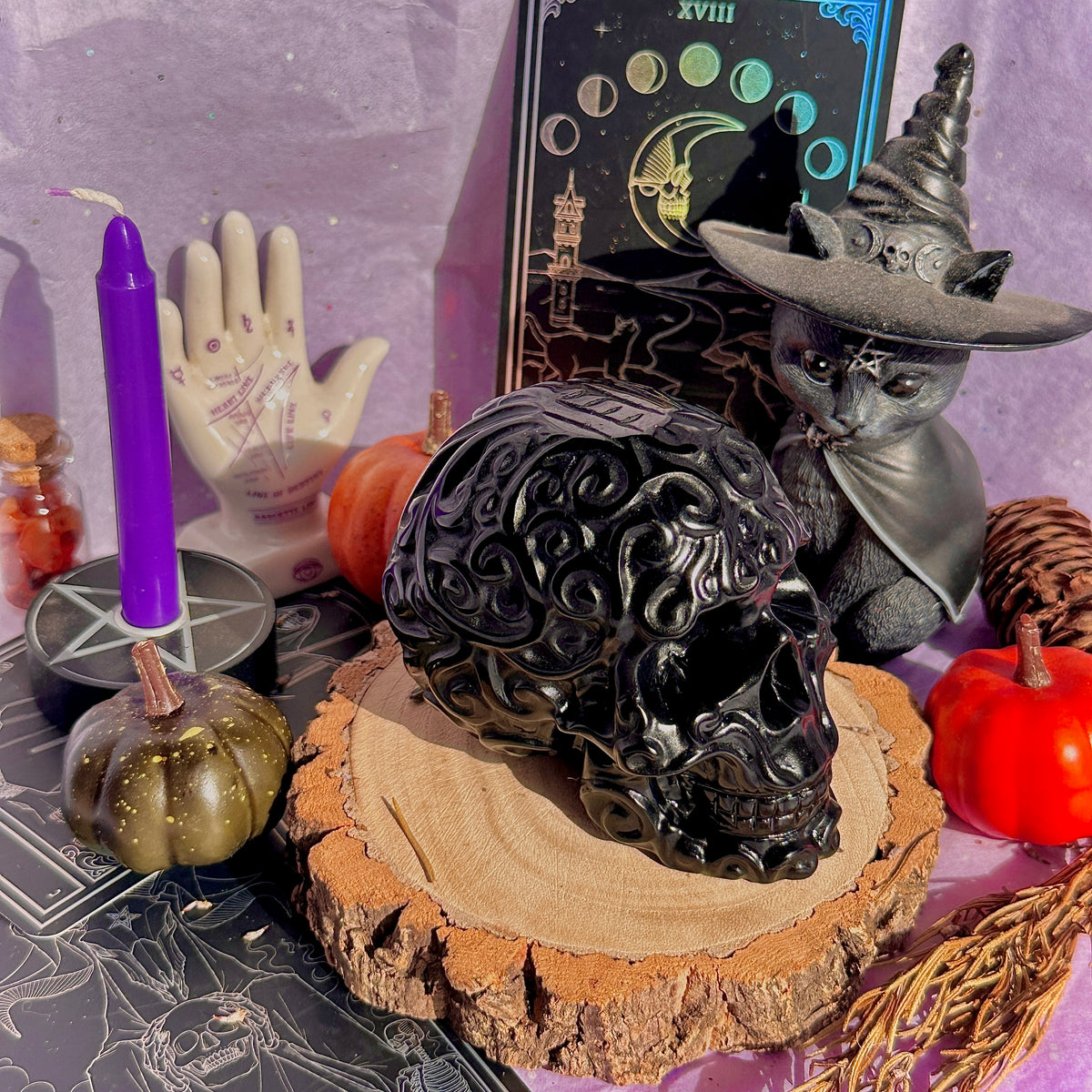 obsidian flower skull carving