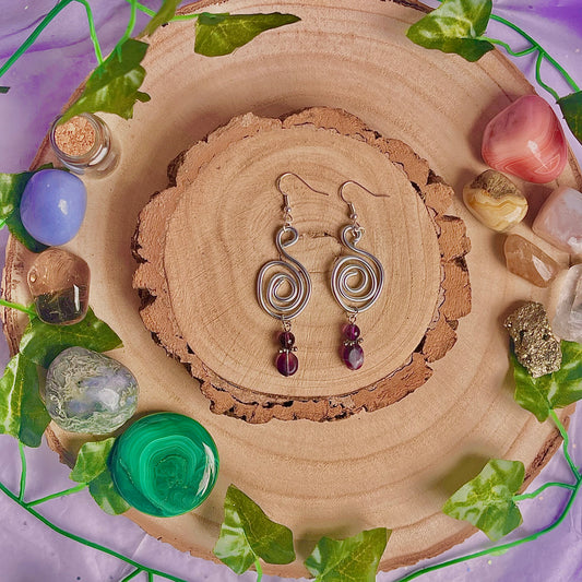 spiral swirl earrings ~ amethyst & fluorite on 925 hooks (aluminium wire)