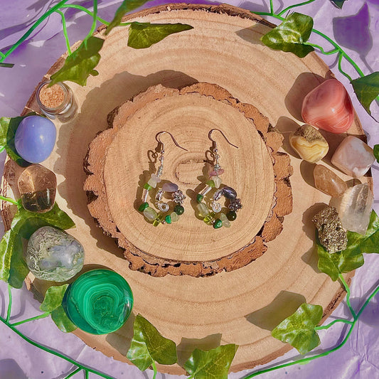 forest spiral earrings ~ fluorite, moss agate, aventurine, new jade & malachite on 925 hooks