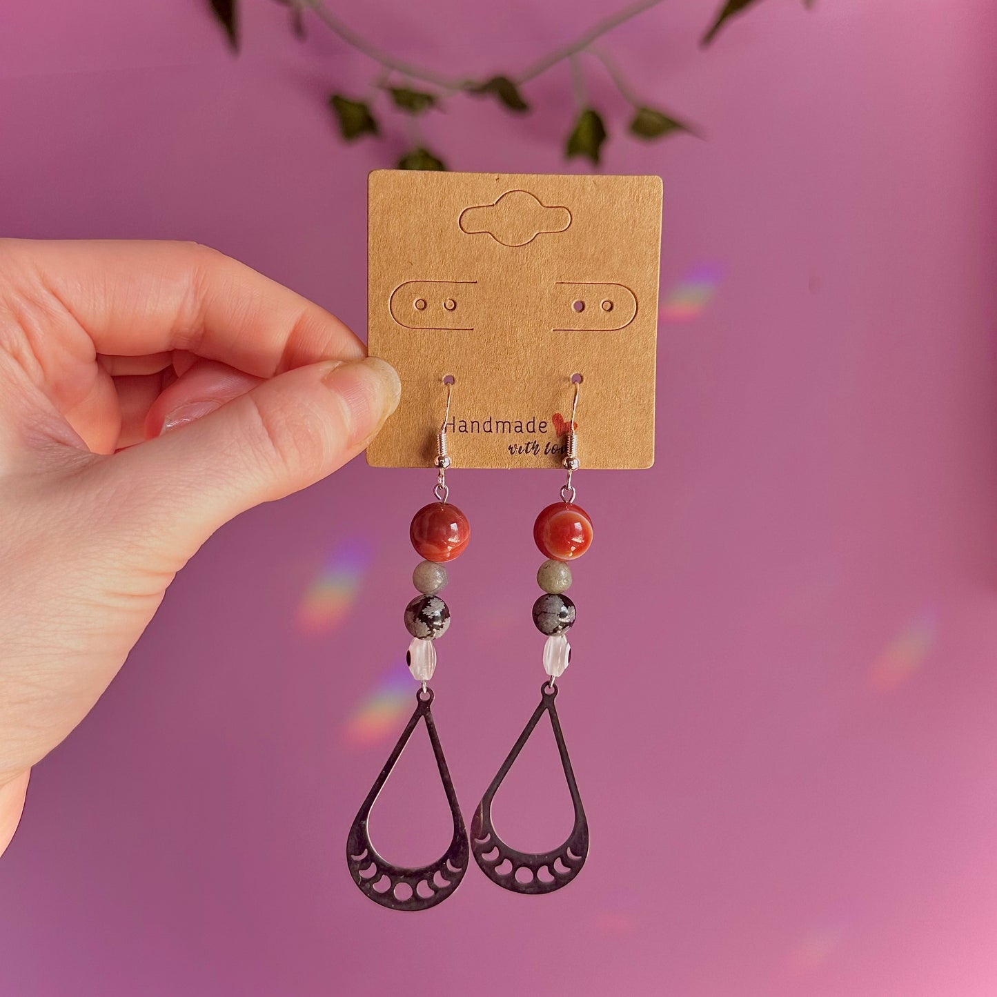 moon phase earrings on 925 hooks ~ carnelian, snowflake obsidian, labradorite