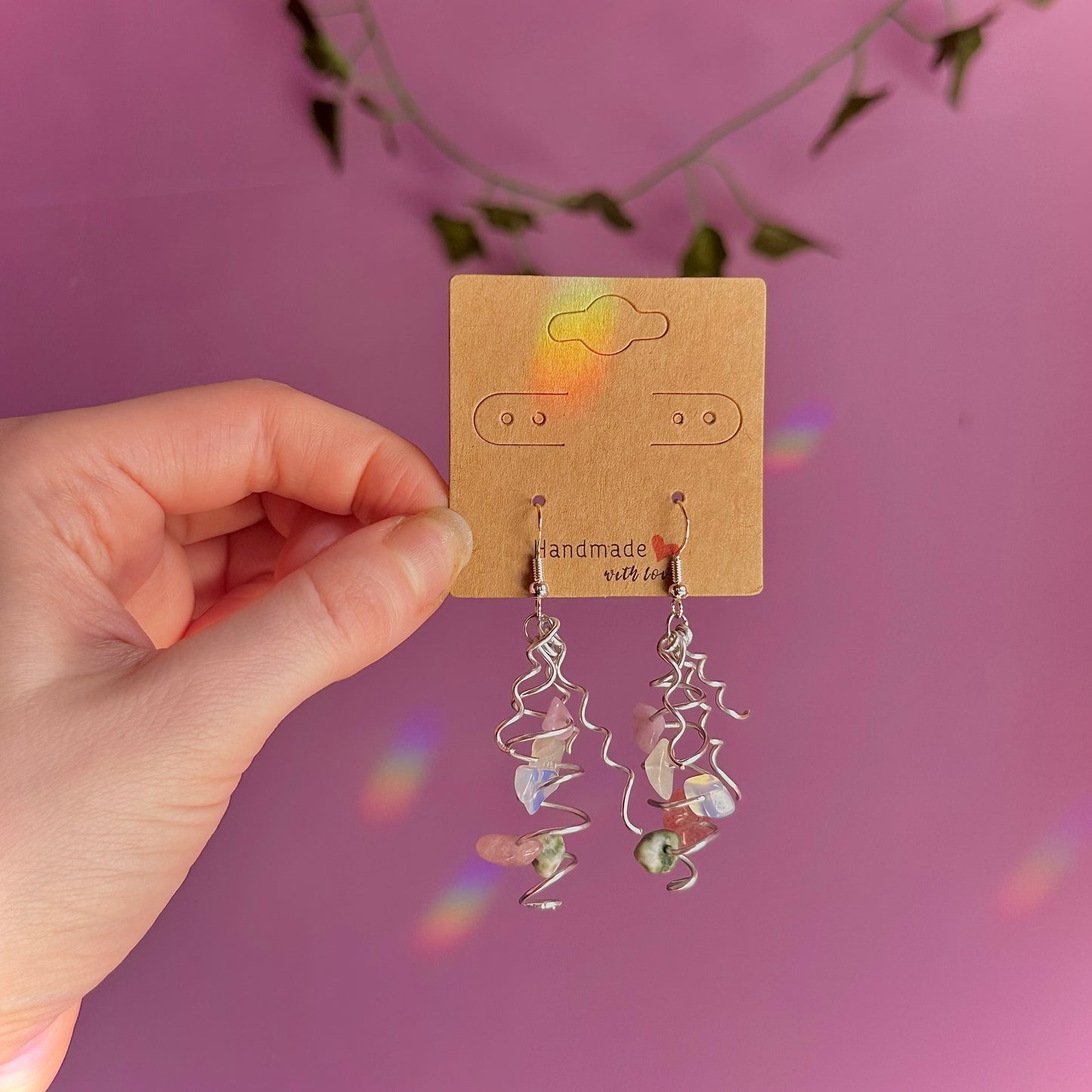 spiral earrings on 925 hooks ~ opalite, tree agate, lepidolite, strawberry quartz