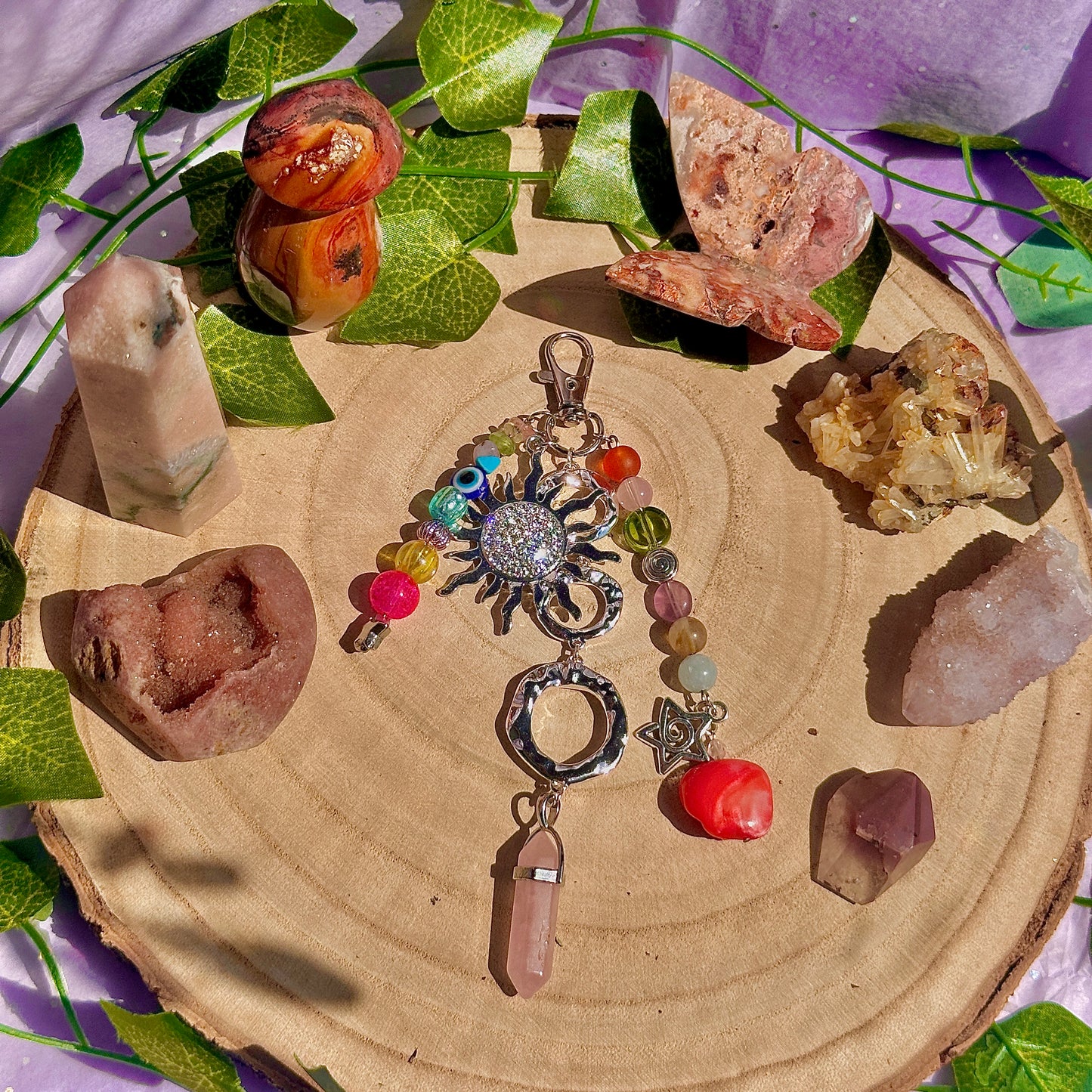 summer mixture bag charm ~ rose quartz, aquamarine, fluorite, lepidolite, peridot, citrine, blue howlite