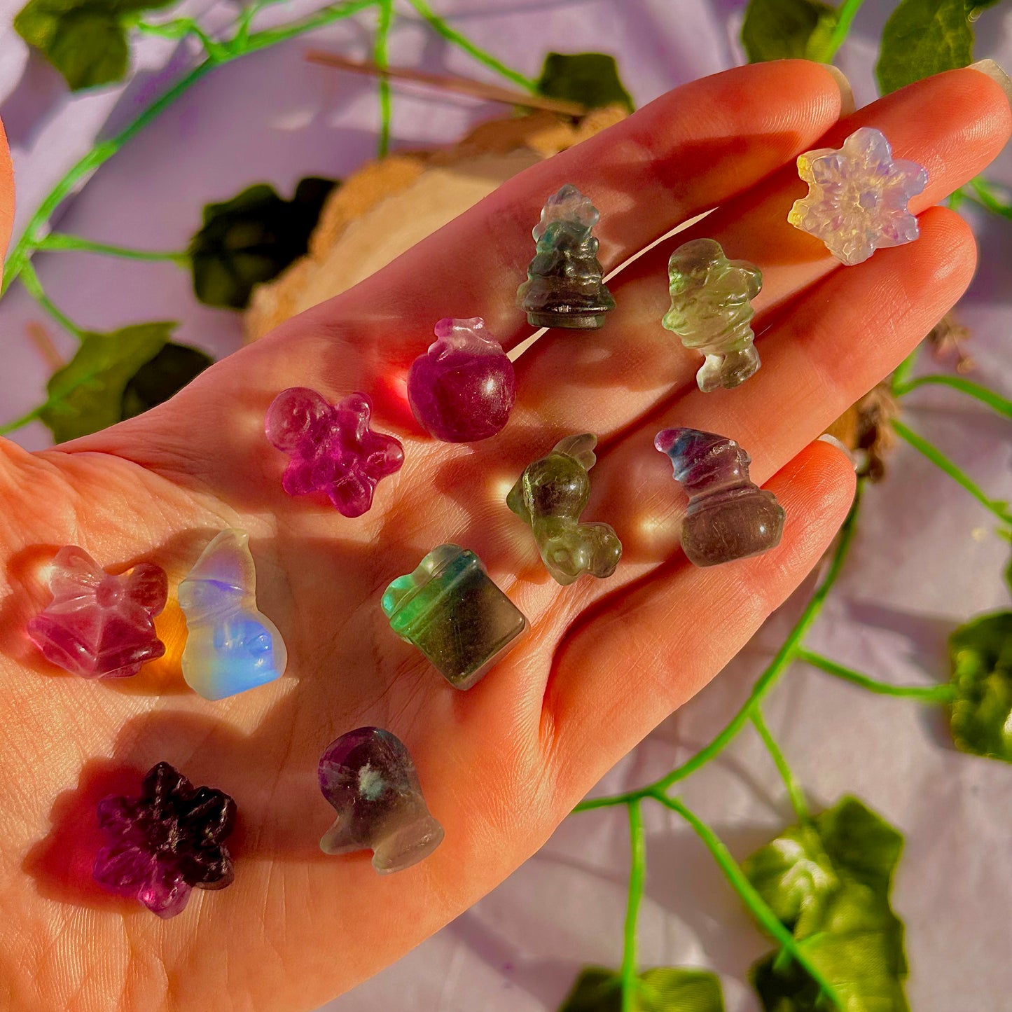 rainbow fluorite & opalite mini mystery christmas carvings ~ intuitively chosen