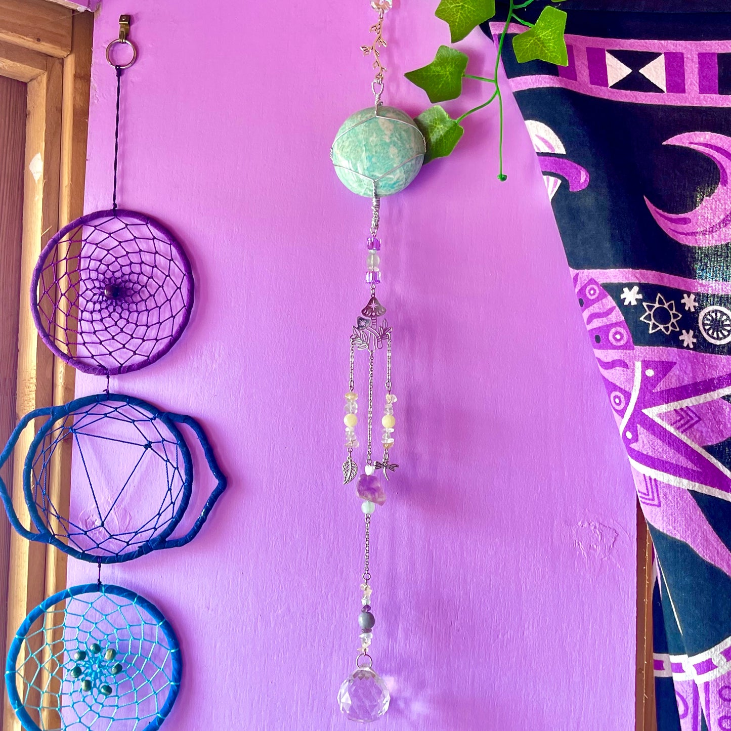 the magick tree sun catcher - amazonite, fluorite, amethyst, calcite, clear quartz, citrine & angelite