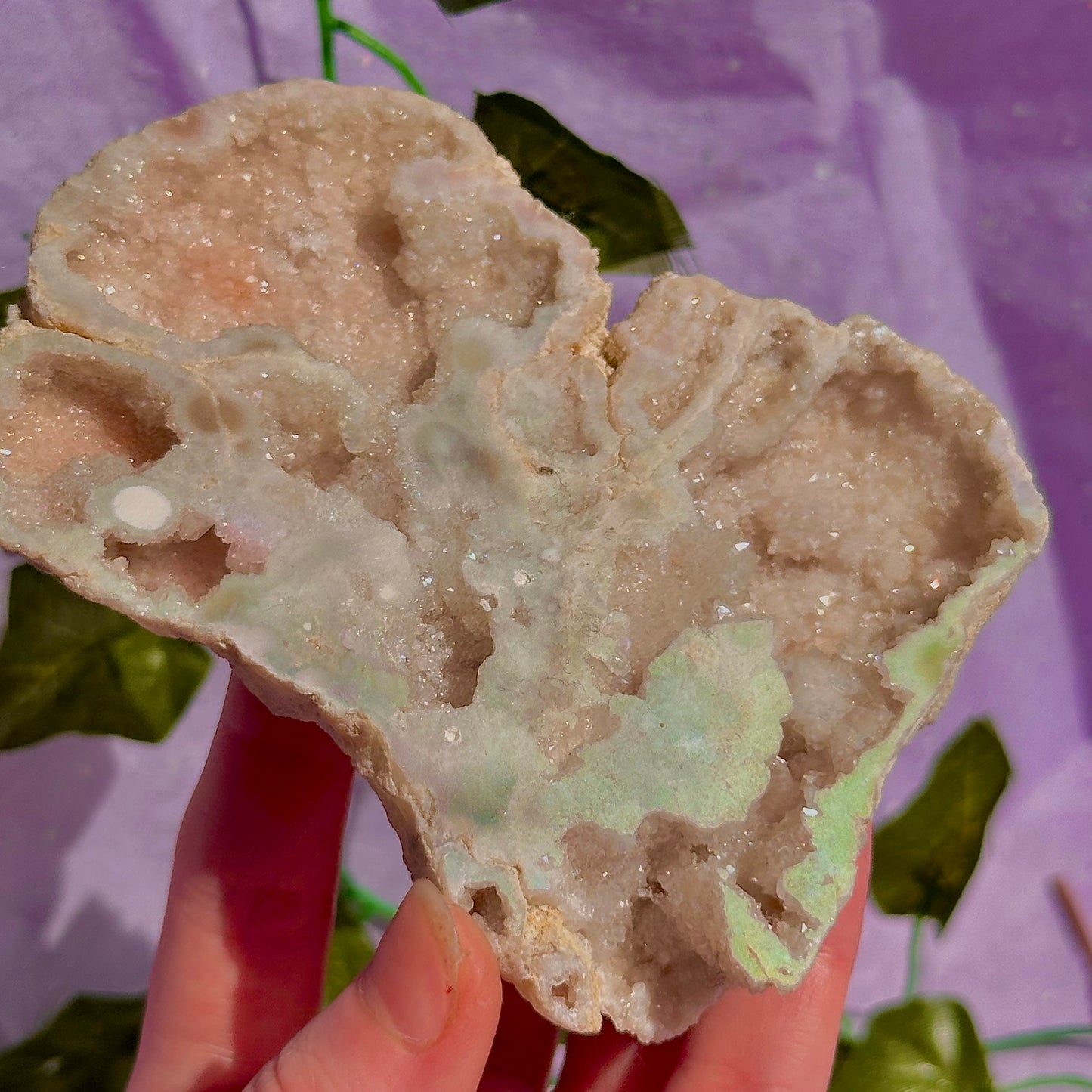 aura druzy quartz geode with stand