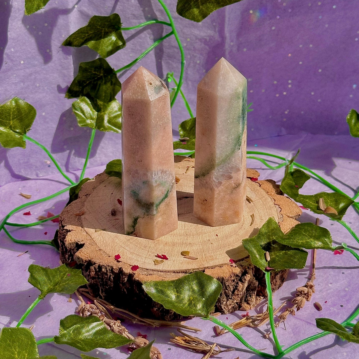 pink amethyst with green jasper towers ~ intuitively chosen