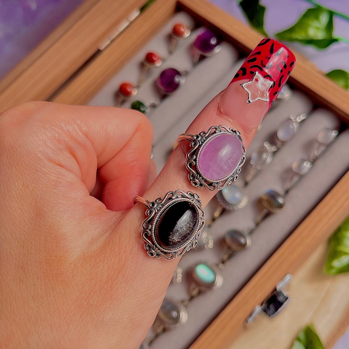 kunzite & silver sheen obsidian ~ 925 sterling silver adjustable rings / choose your own