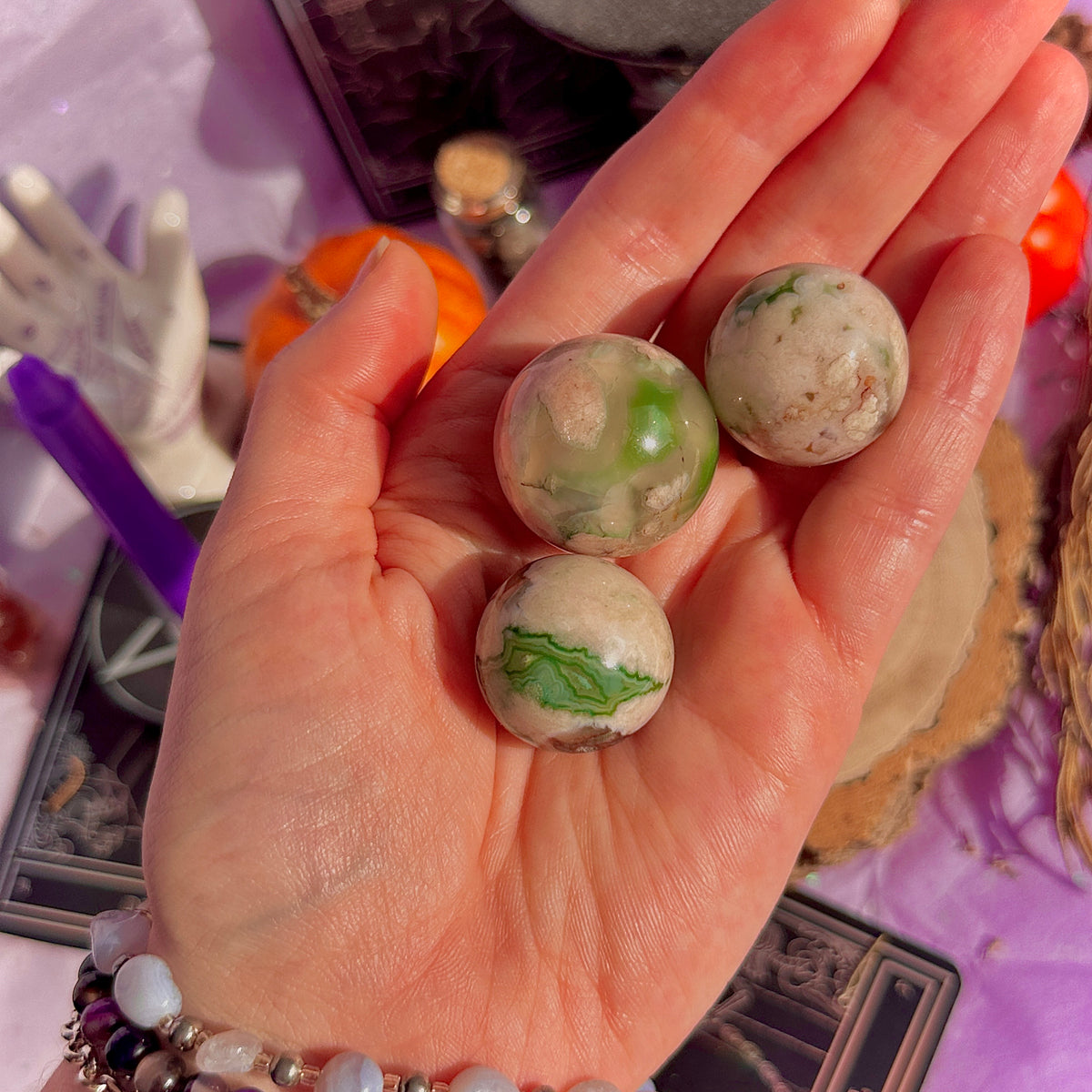 small green flower agate spheres