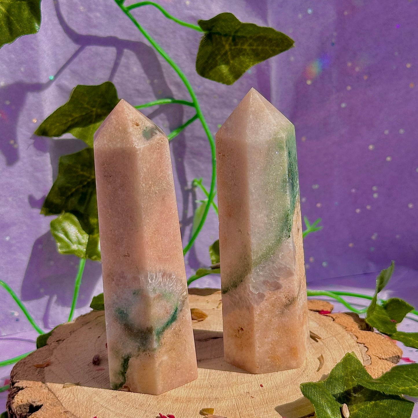 pink amethyst with green jasper towers ~ intuitively chosen