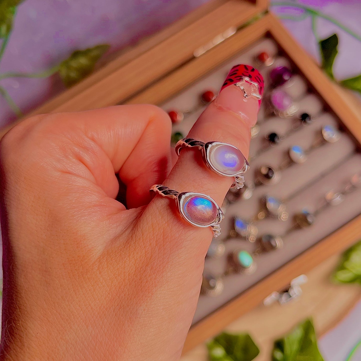 rainbow moonstone style E ~ 925 sterling silver adjustable rings / intuitively chosen