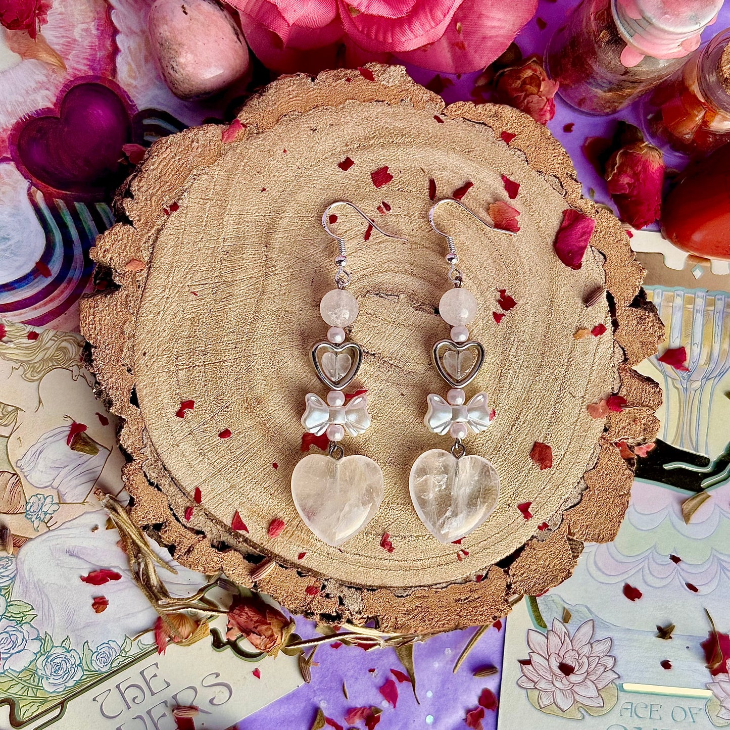 boucles d'oreilles nœuds perles quartz rose & quartz clair ~ argent sterling sur crochets 925