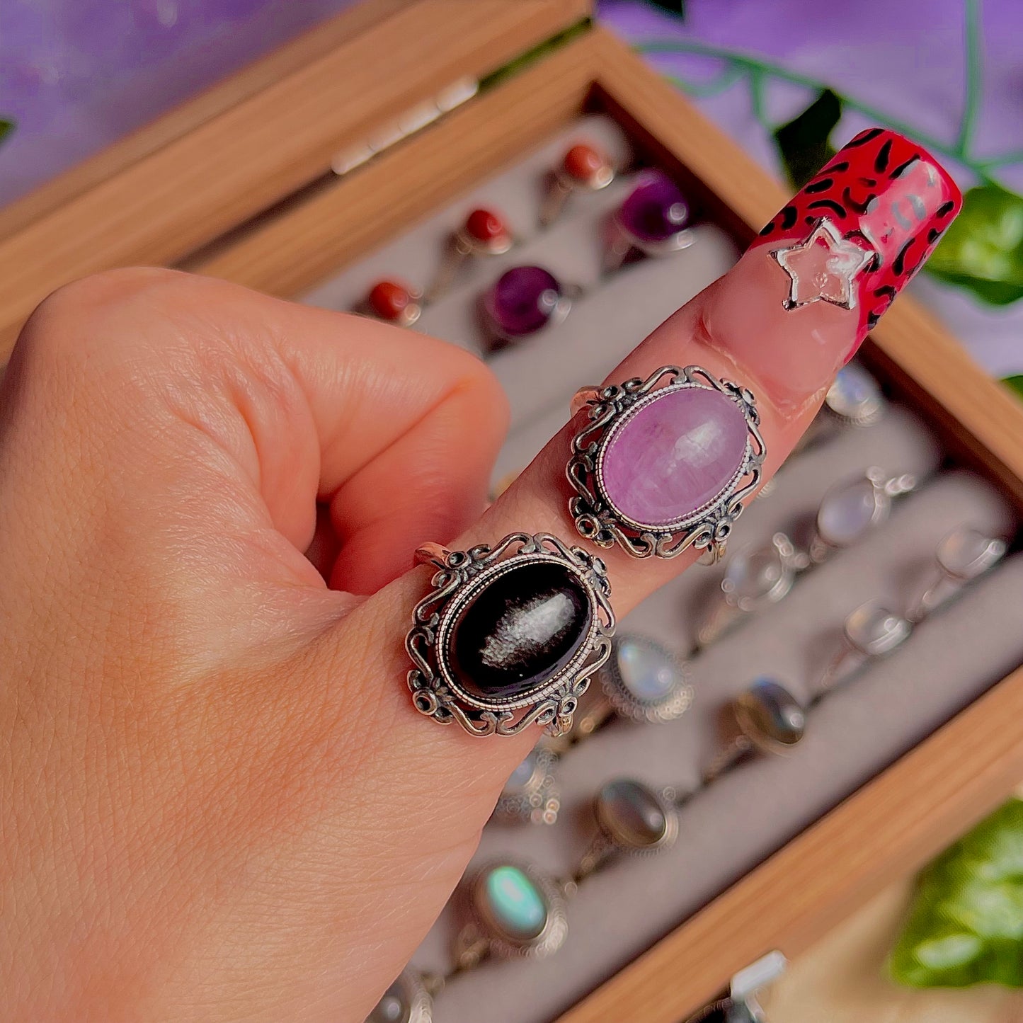 kunzite & silver sheen obsidian ~ 925 sterling silver adjustable rings / choose your own