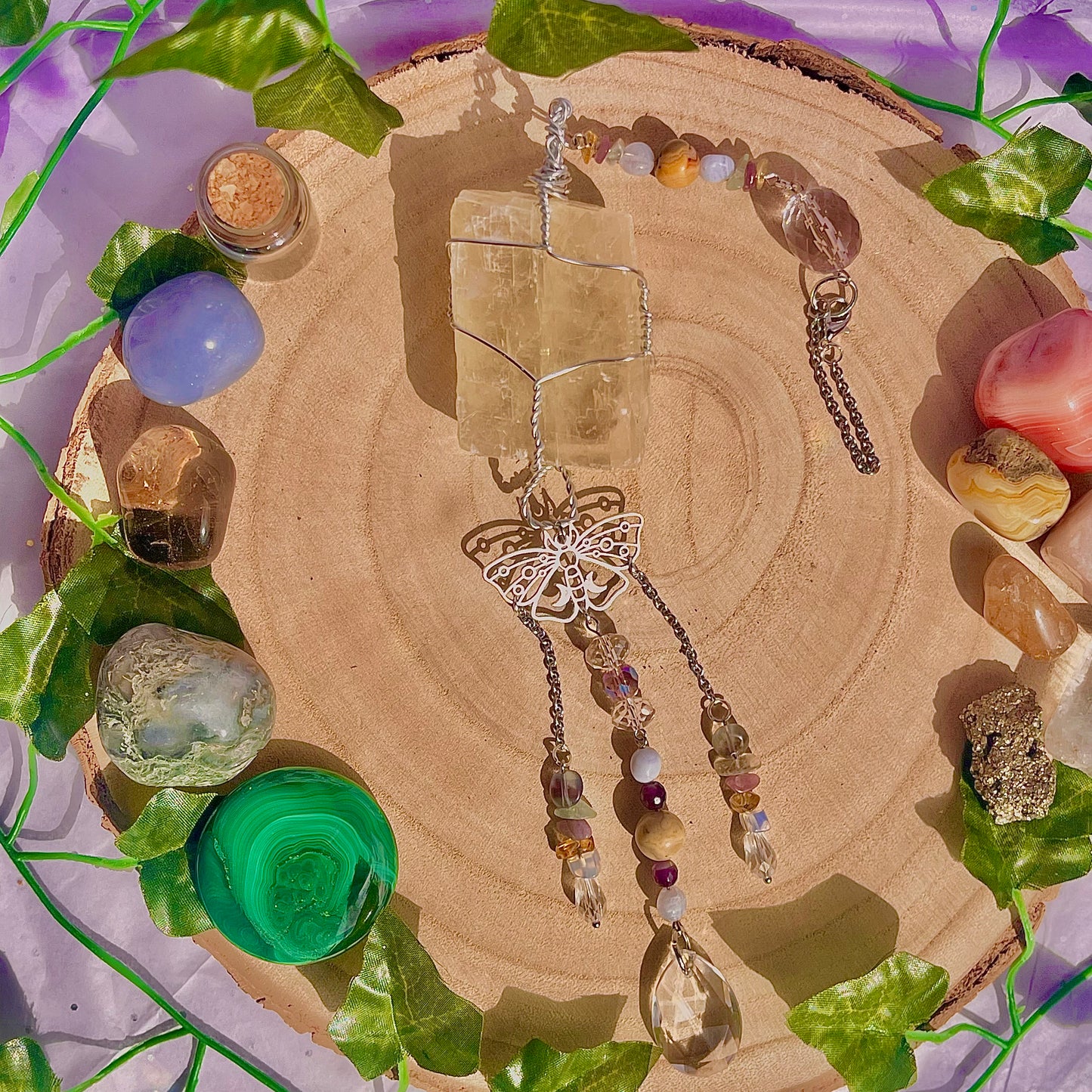 butterfly garden suncatcher / wall hanging ~ optical calcite, crazy lace, blue lace, citrine, lepidolite, fluorite & amethyst