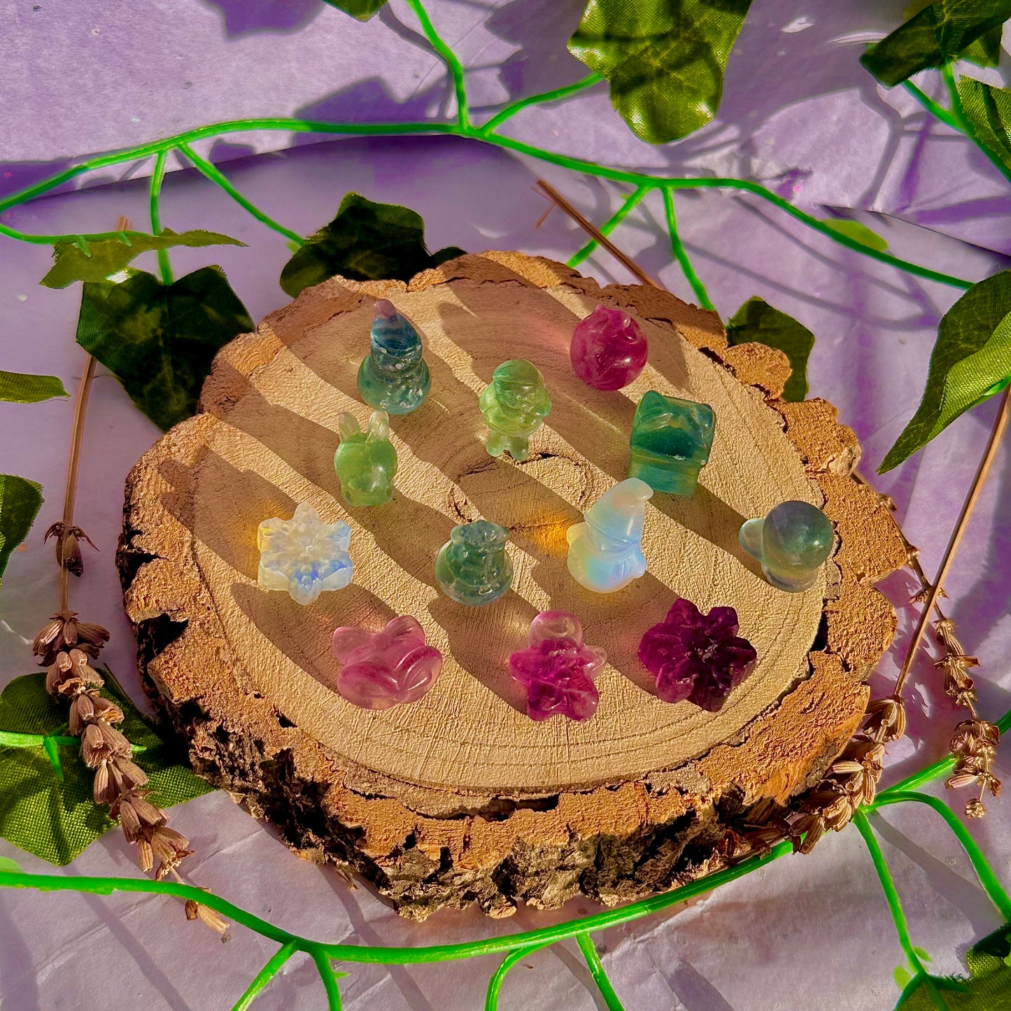 rainbow fluorite & opalite mini mystery christmas carvings ~ intuitively chosen