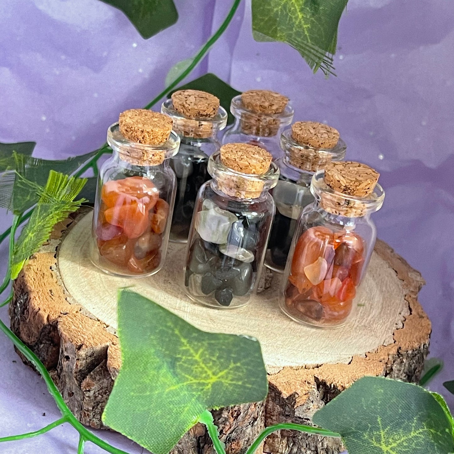crystal vials - carnelian, black tourmaline & black moonstone