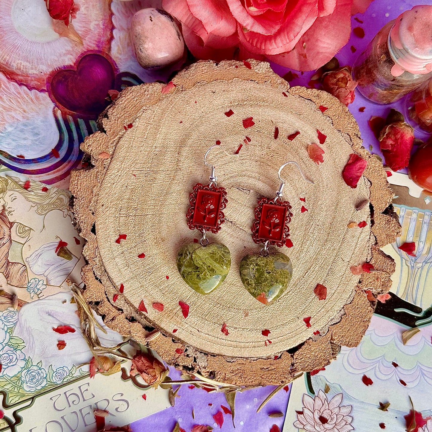 boucles d'oreilles cadre en unakite rose ~ argent massif sur crochets 925
