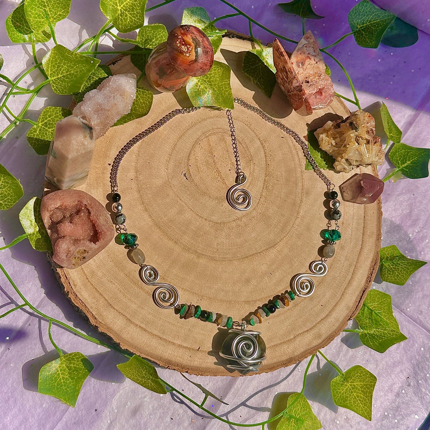 natures transformation necklace ~ labradorite, malachite, obsidian, snowflake obsidian, tigers eye, quartz