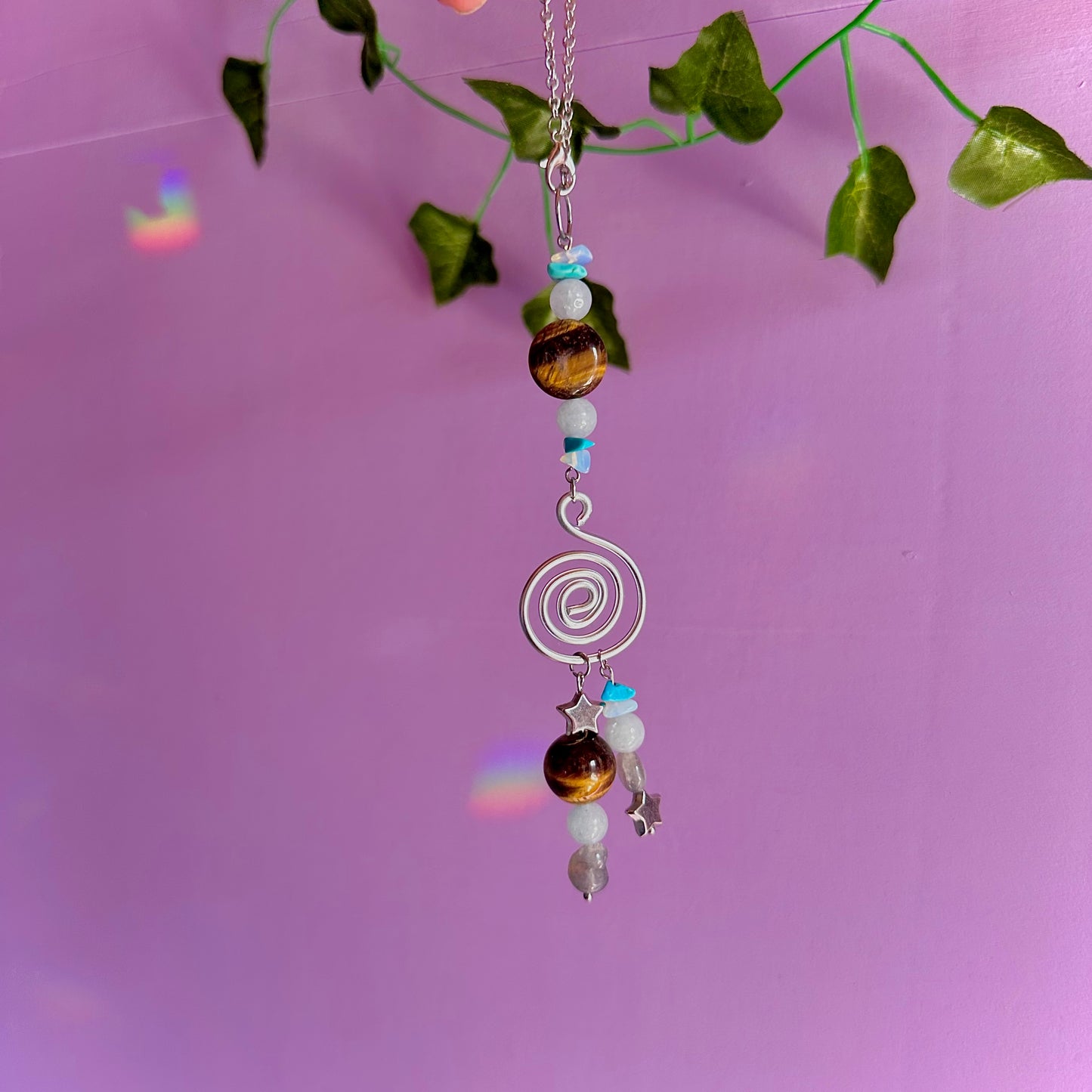 starry spiral car charm ~ aquamarine, tigers eye, opalite, dyed howlite, labradorite