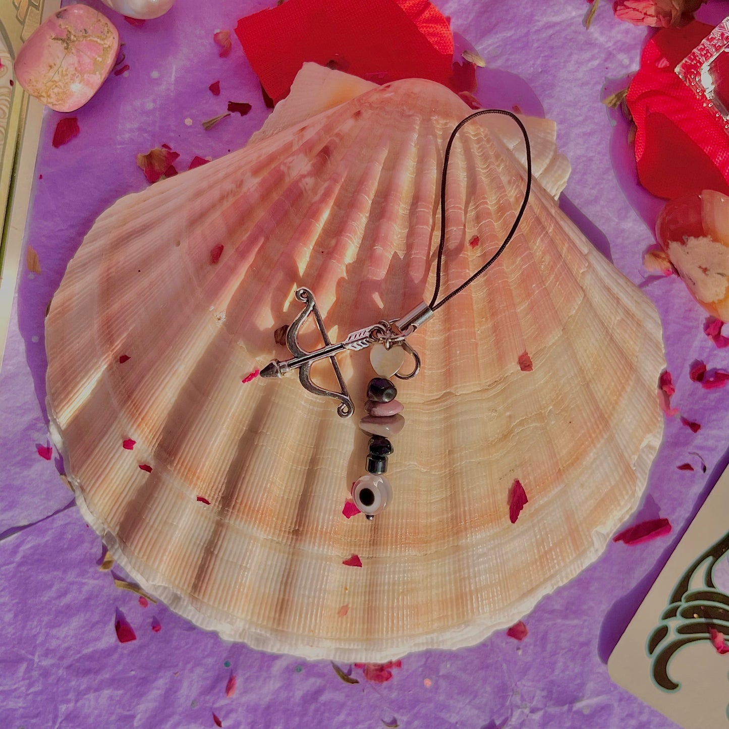 bow and arrow heart phone charm ~ amazonite, black obsidian, rhodonite & hematite