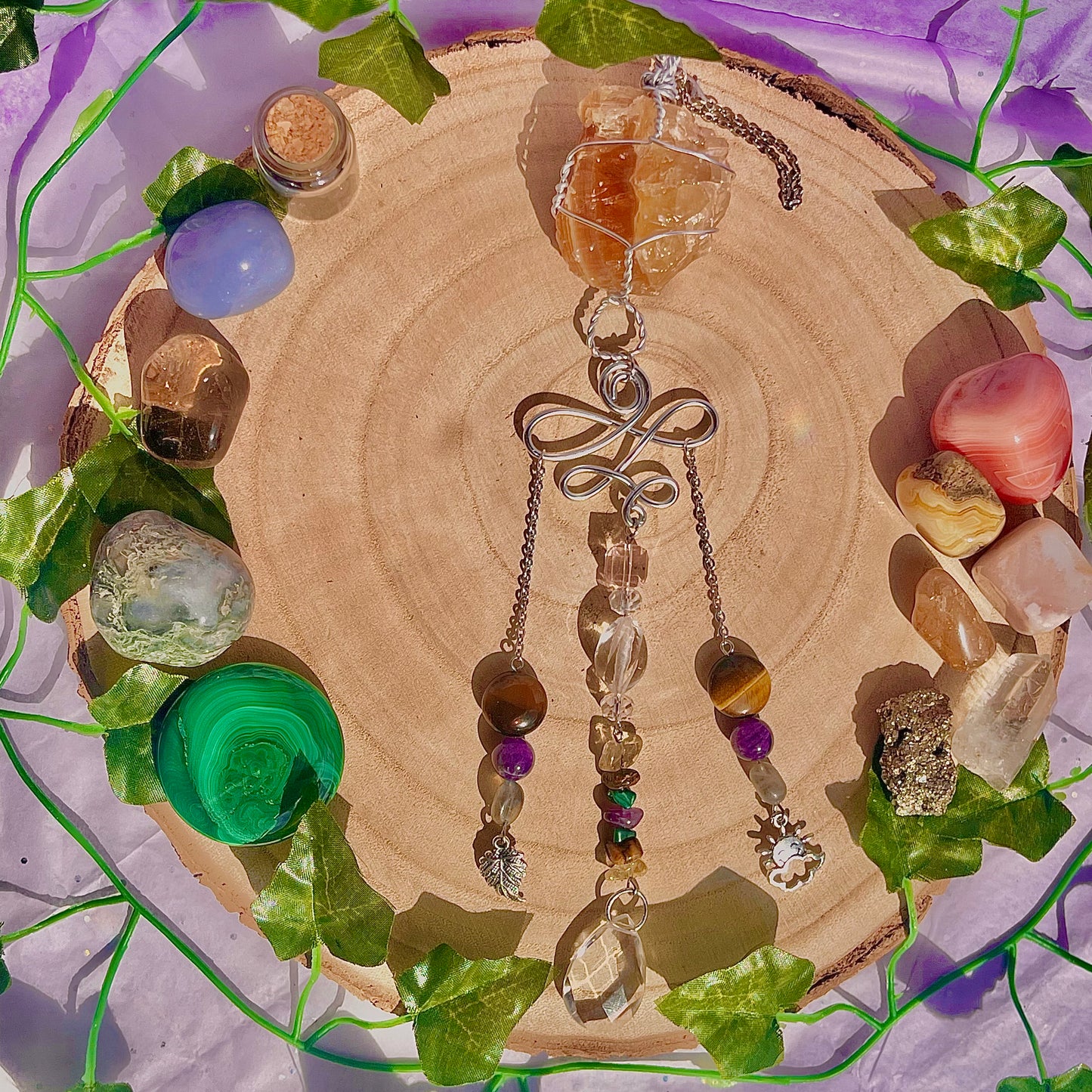 autumn sun suncatcher / wall hanging ~ honey calcite, tigers eye, amethyst, labradorite, malachite & citrine