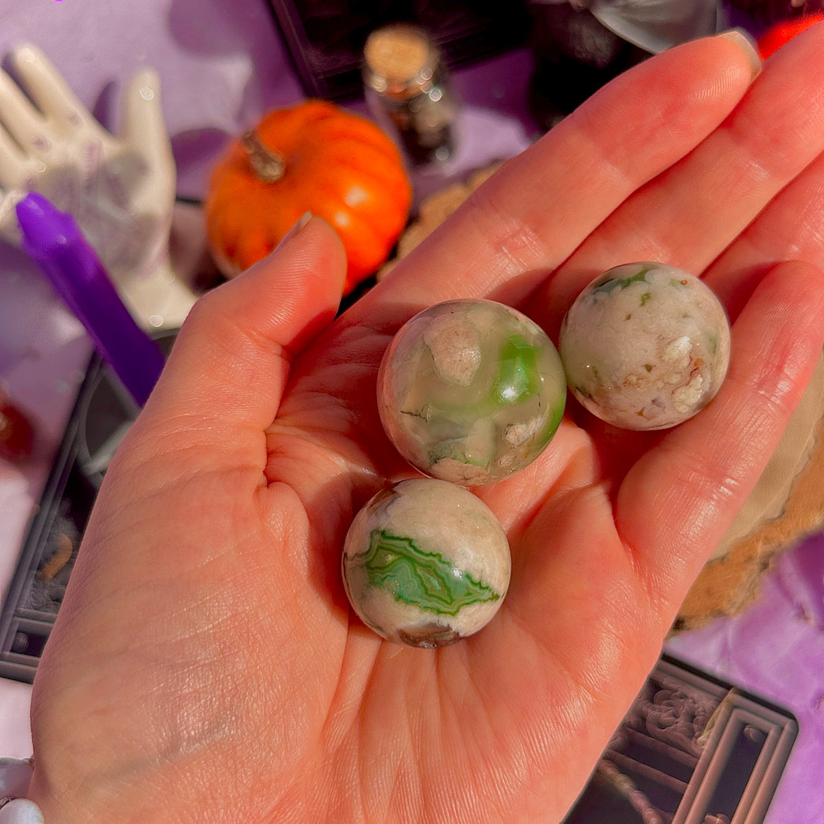 small green flower agate spheres