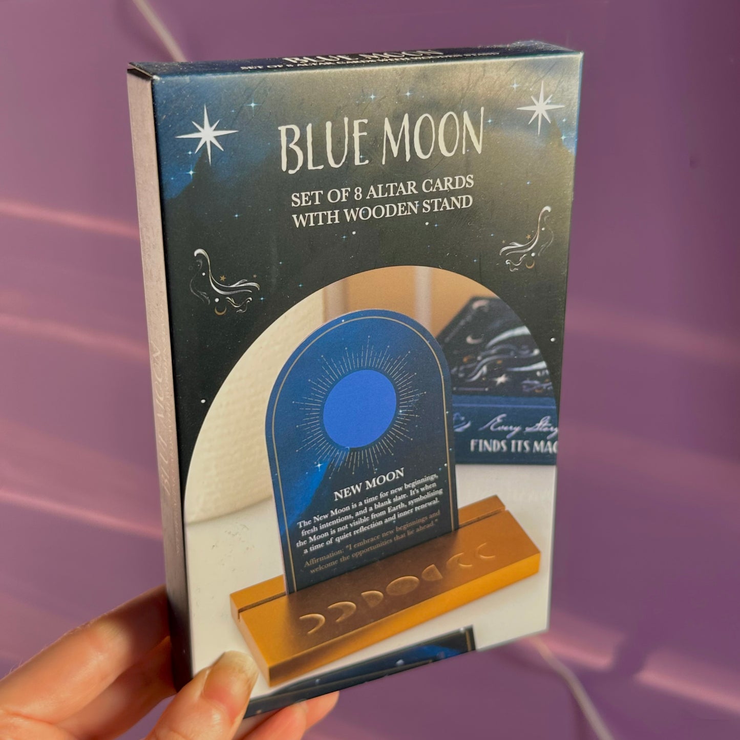 set of 8 moon phase cards with wooden stand