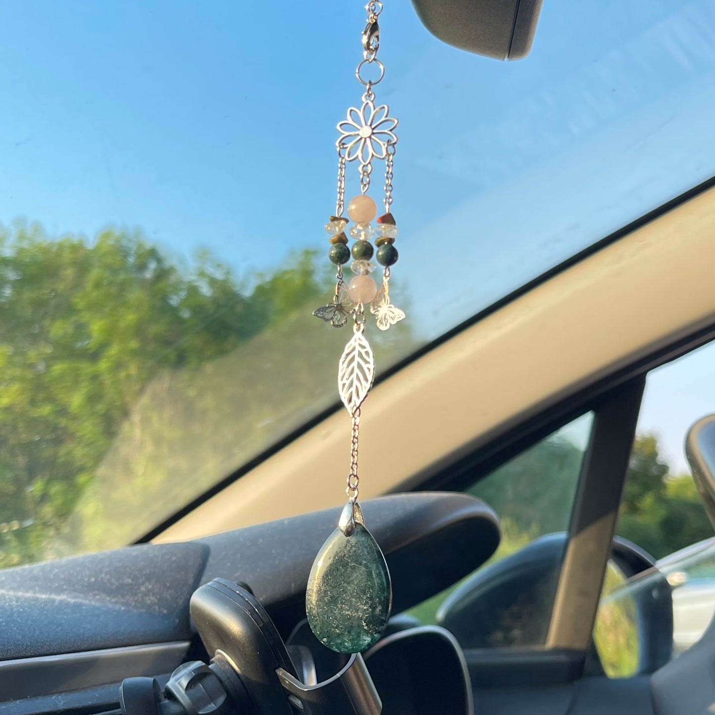 balance car charm - moss agate, unakite, rose quartz & clear quartz
