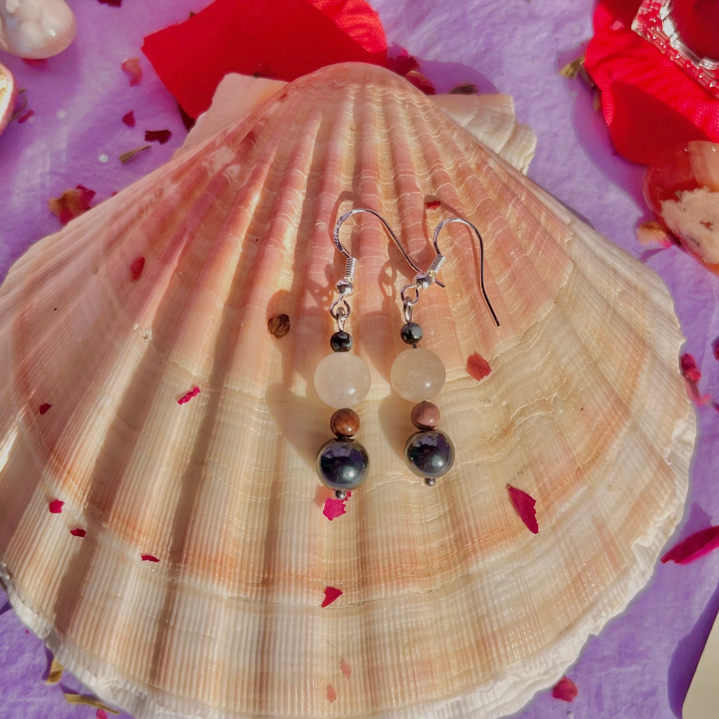 protected love earrings on 925 sterling silver hooks ~ snowflake obsidian, morganite, rhodonite & hematite