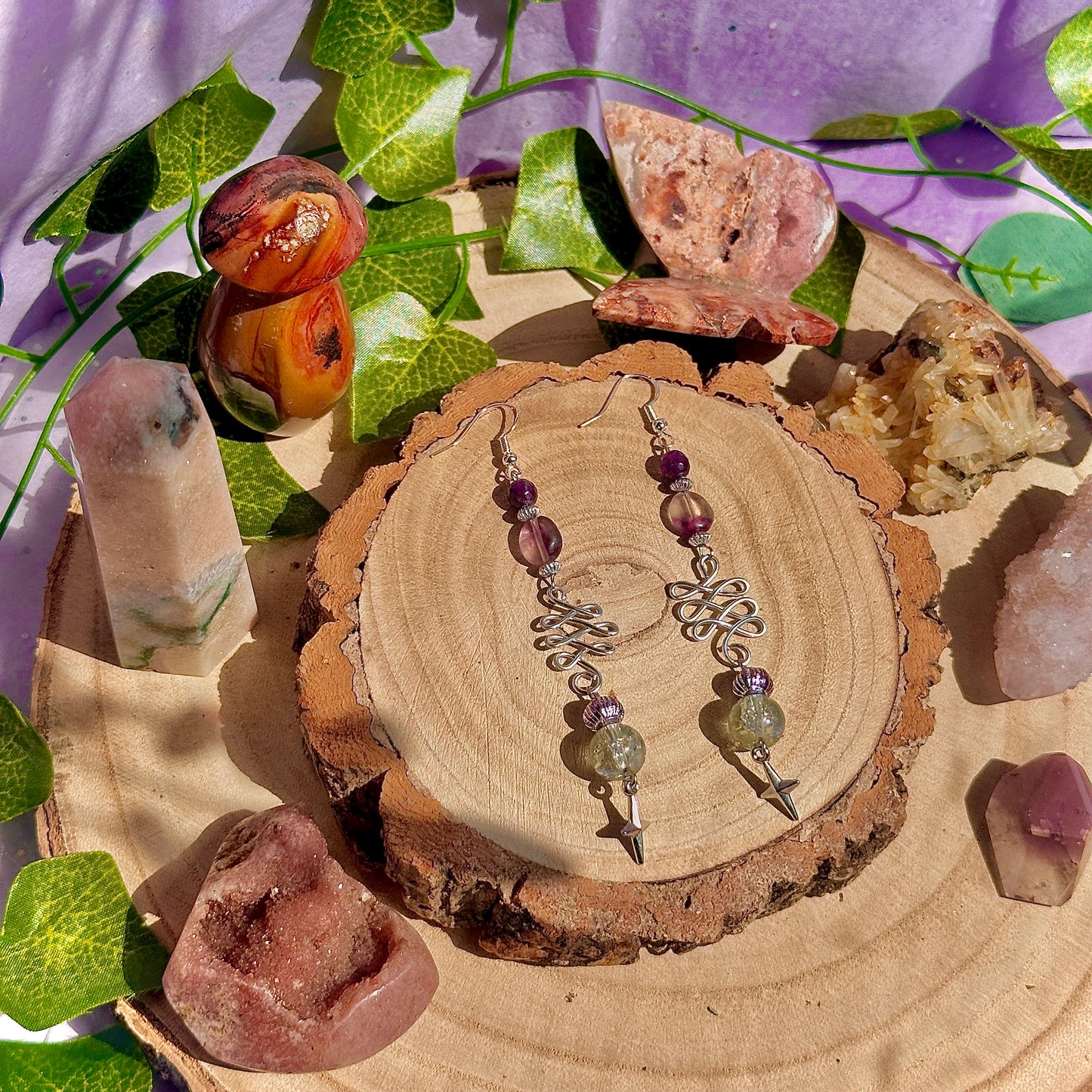 sunset lanterns earrings ~ amethyst, fluorite on 925 hooks