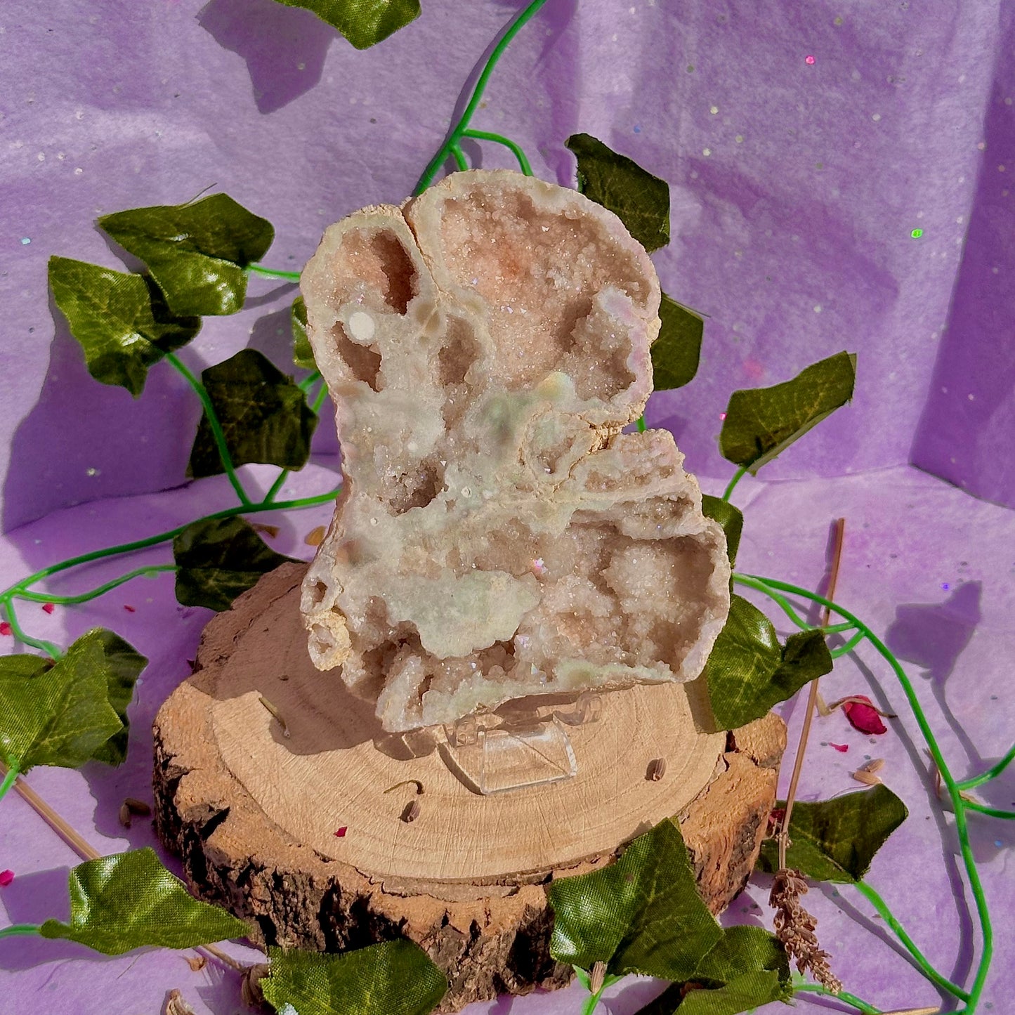 aura druzy quartz geode with stand