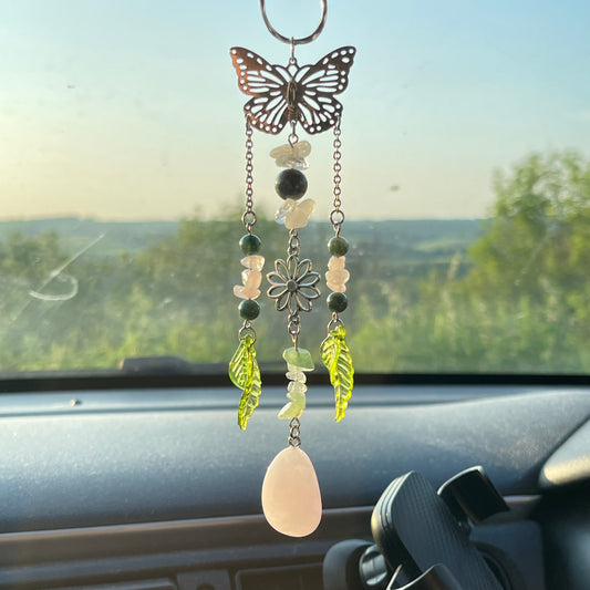 self car charm - rose quartz, moss agate, clear quartz & aventurine