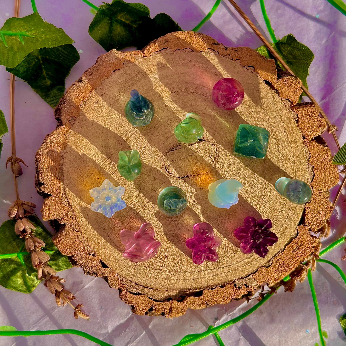 rainbow fluorite & opalite mini mystery christmas carvings ~ intuitively chosen