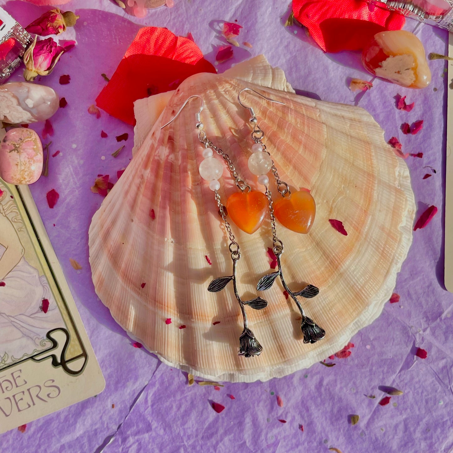 hearts & roses earrings on 925 sterling silver hooks ~ carnelian & rose quartz