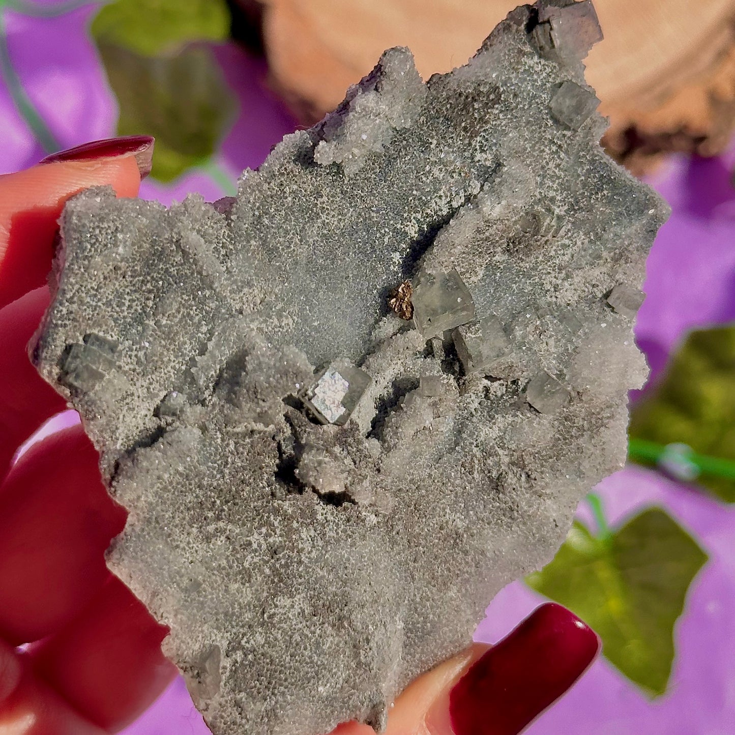druzy quartz specimen with cubic fluorite & mini pyrite flower