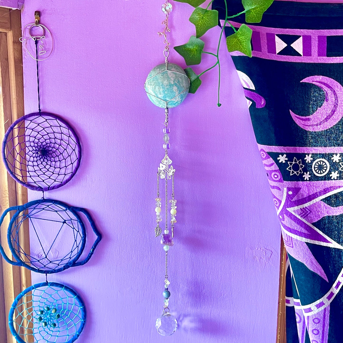 the magick tree sun catcher - amazonite, fluorite, amethyst, calcite, clear quartz, citrine & angelite
