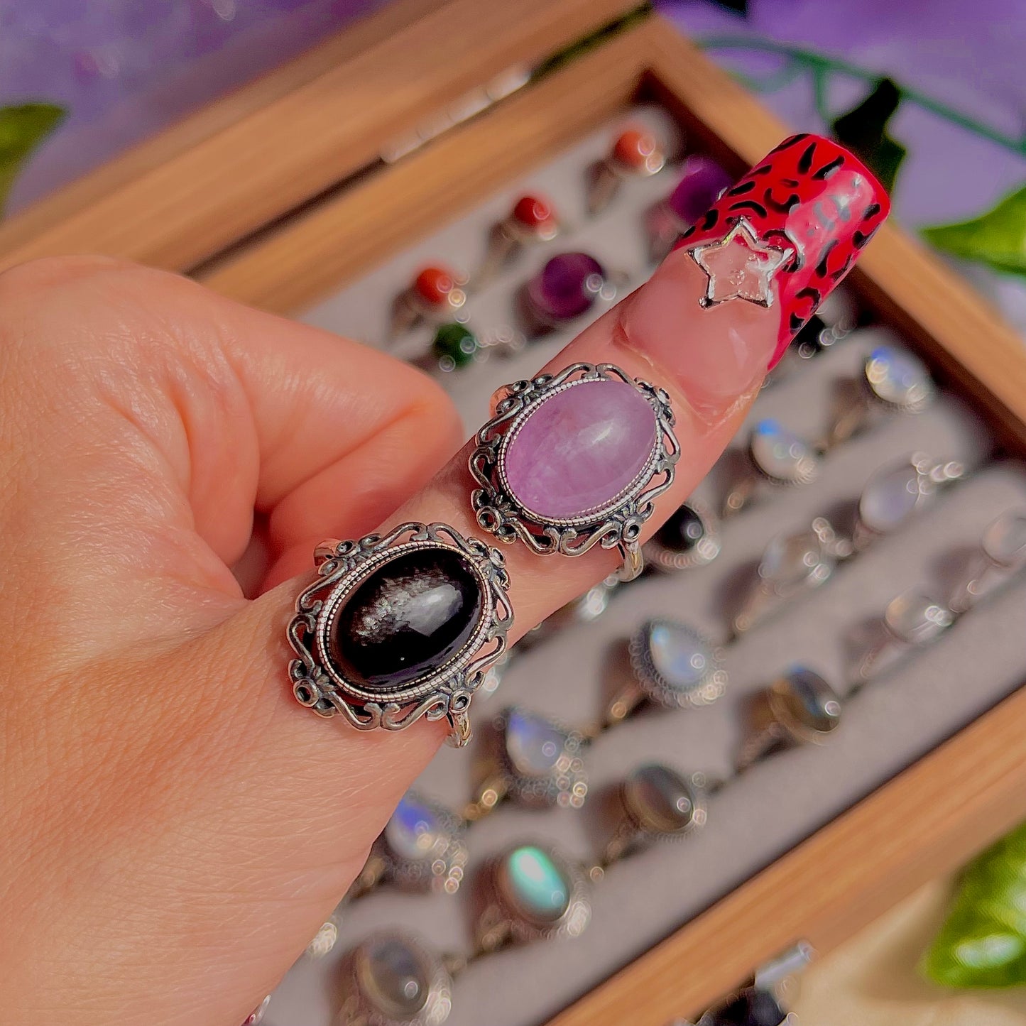 kunzite & silver sheen obsidian ~ 925 sterling silver adjustable rings / choose your own