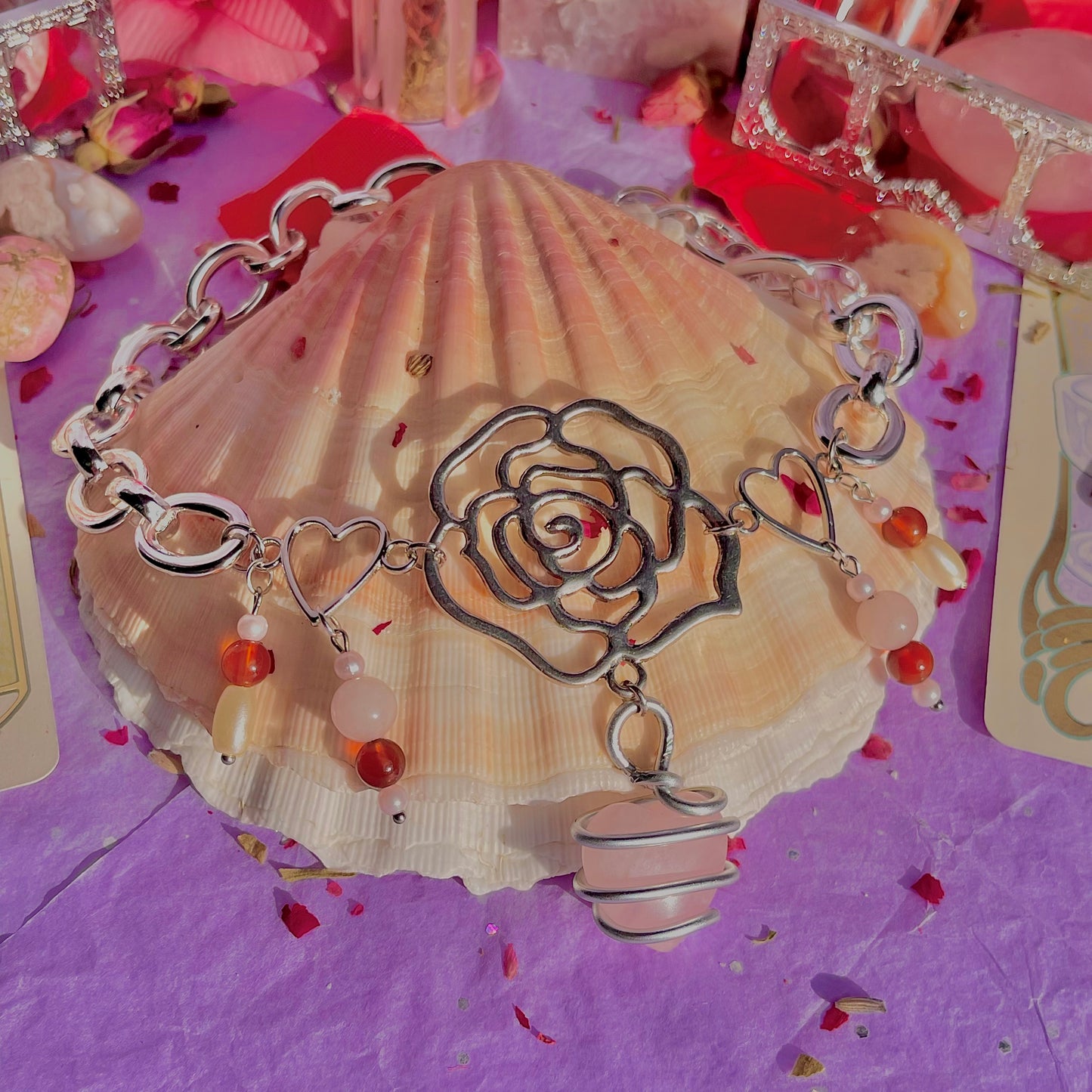 single rose chunky stainless steel necklace ~ rose quartz, carnelian & faux pearls