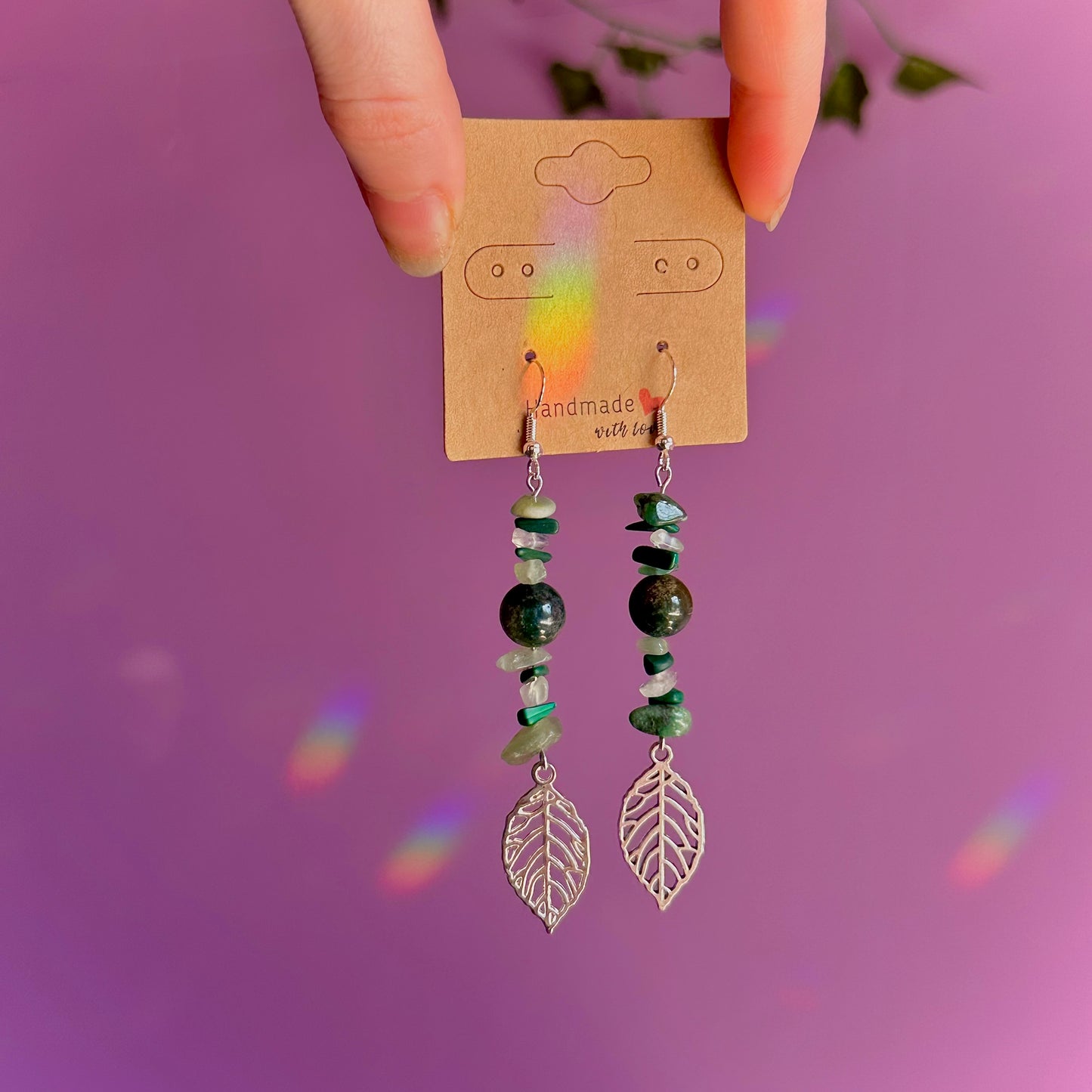 leaf earrings on 925 hooks ~ aventurine, malachite, moss agate, fluorite