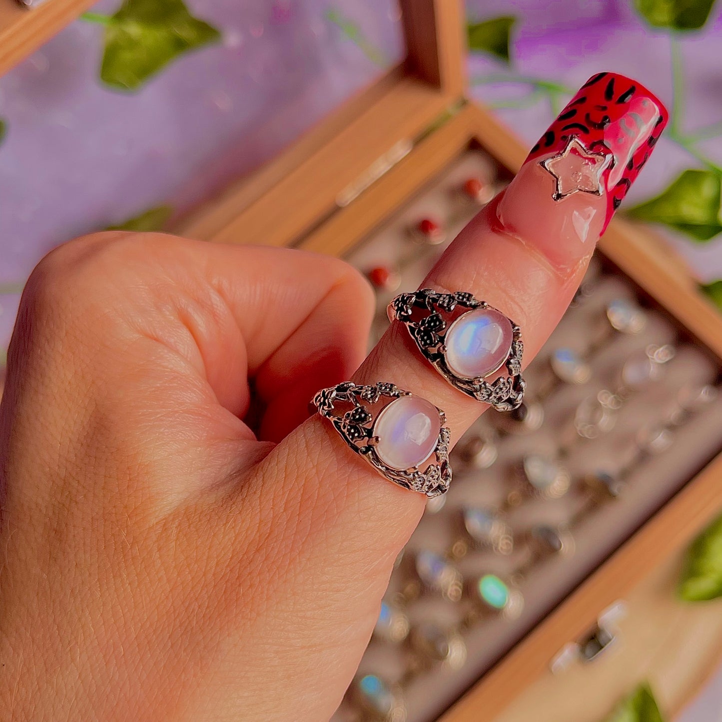 rainbow moonstone style B ~ 925 sterling silver adjustable rings / intuitively chosen