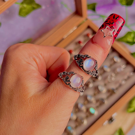 rainbow moonstone style B ~ 925 sterling silver adjustable rings / intuitively chosen