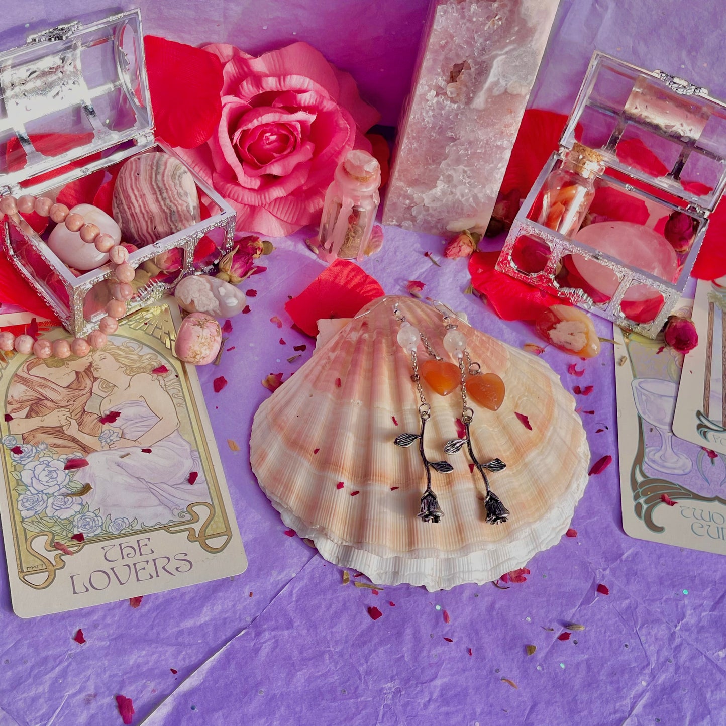 hearts & roses earrings on 925 sterling silver hooks ~ carnelian & rose quartz
