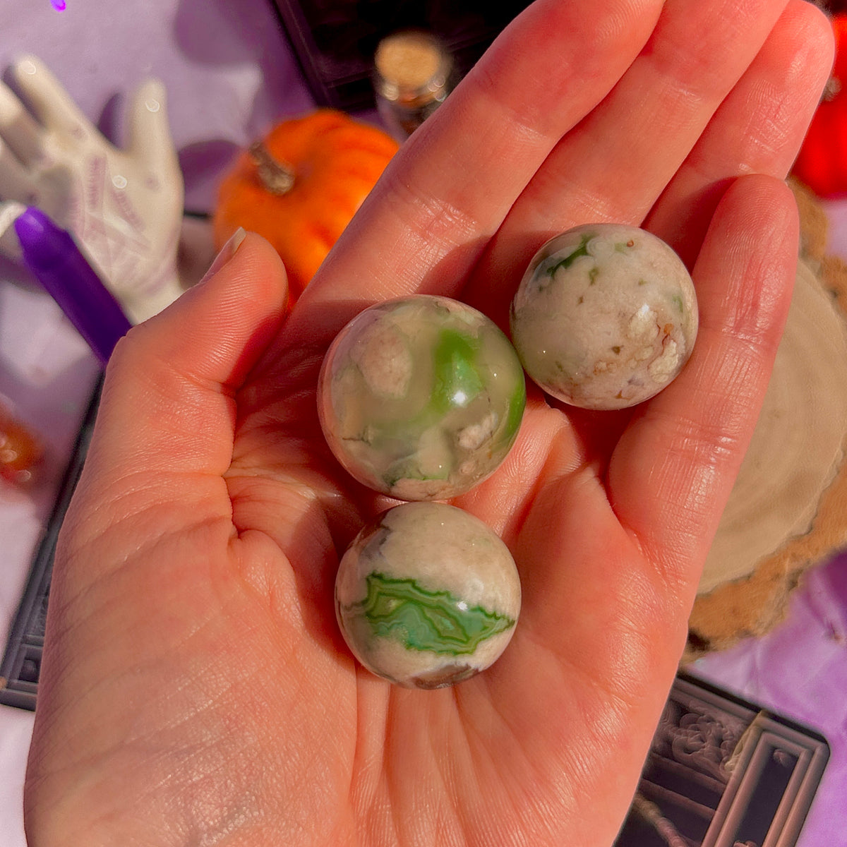 small green flower agate spheres