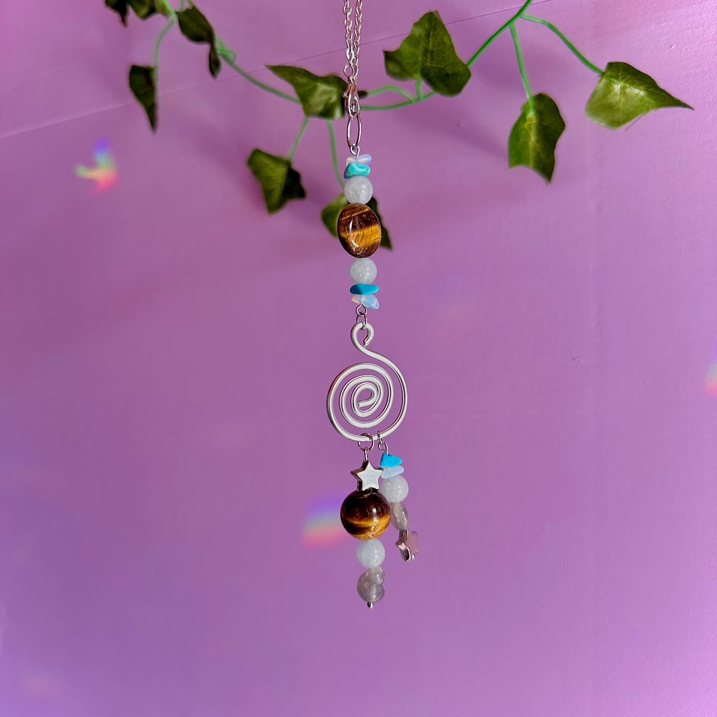 starry spiral car charm ~ aquamarine, tigers eye, opalite, dyed howlite, labradorite