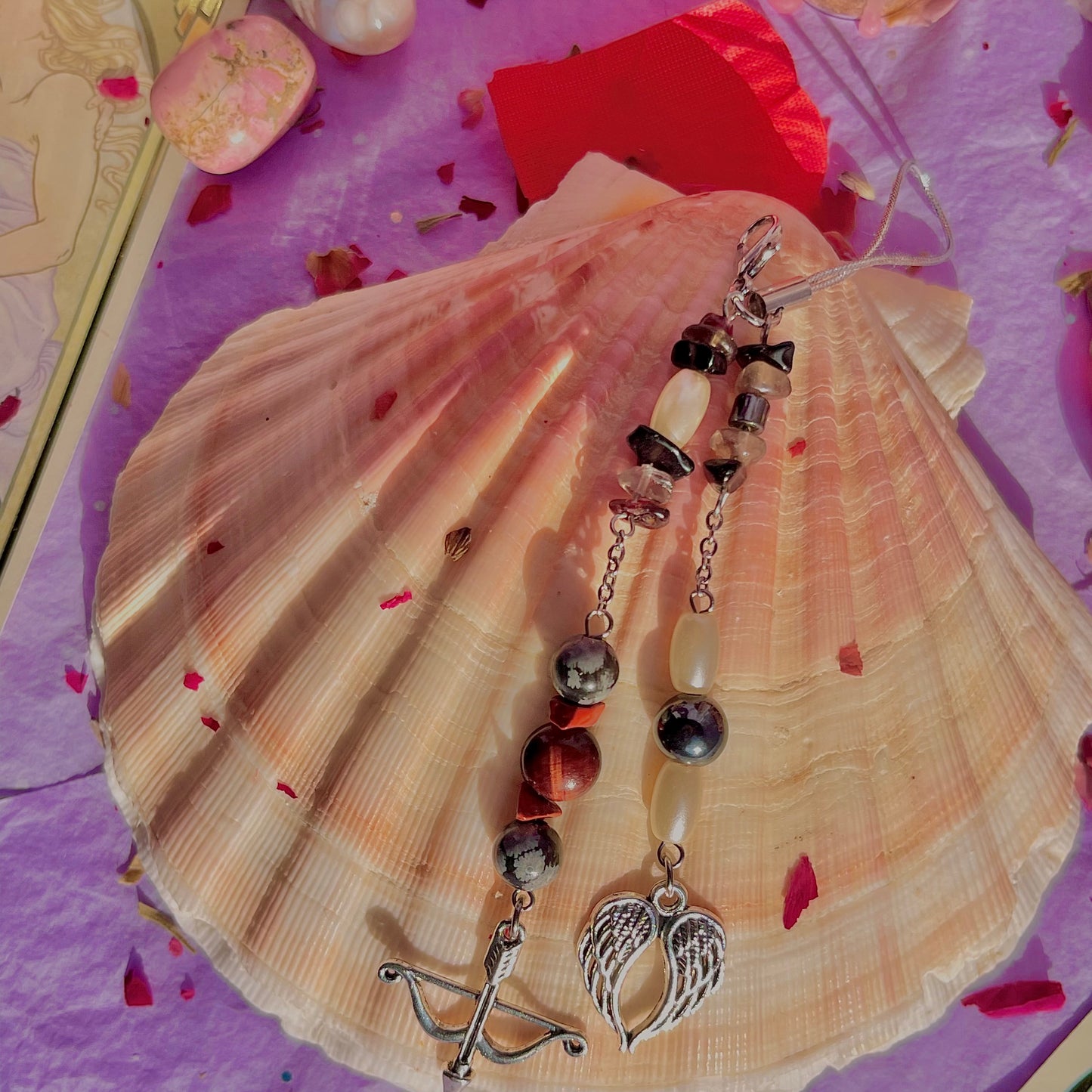 angels arrow phone charm ~ garnet, smokey quartz, black obsidian, snowflake obsidian, red jasper, red tigers eye, hematite & faux pearls