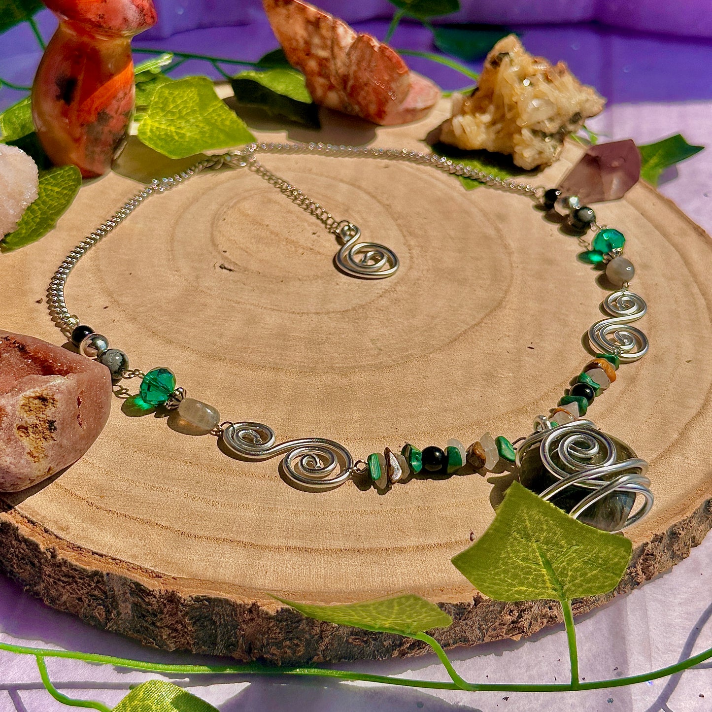 natures transformation necklace ~ labradorite, malachite, obsidian, snowflake obsidian, tigers eye, quartz