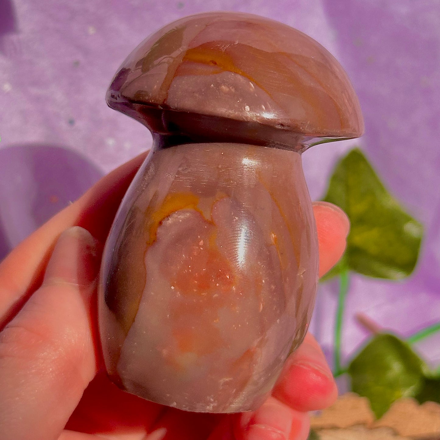dusty mauve sea jasper mushroom carving