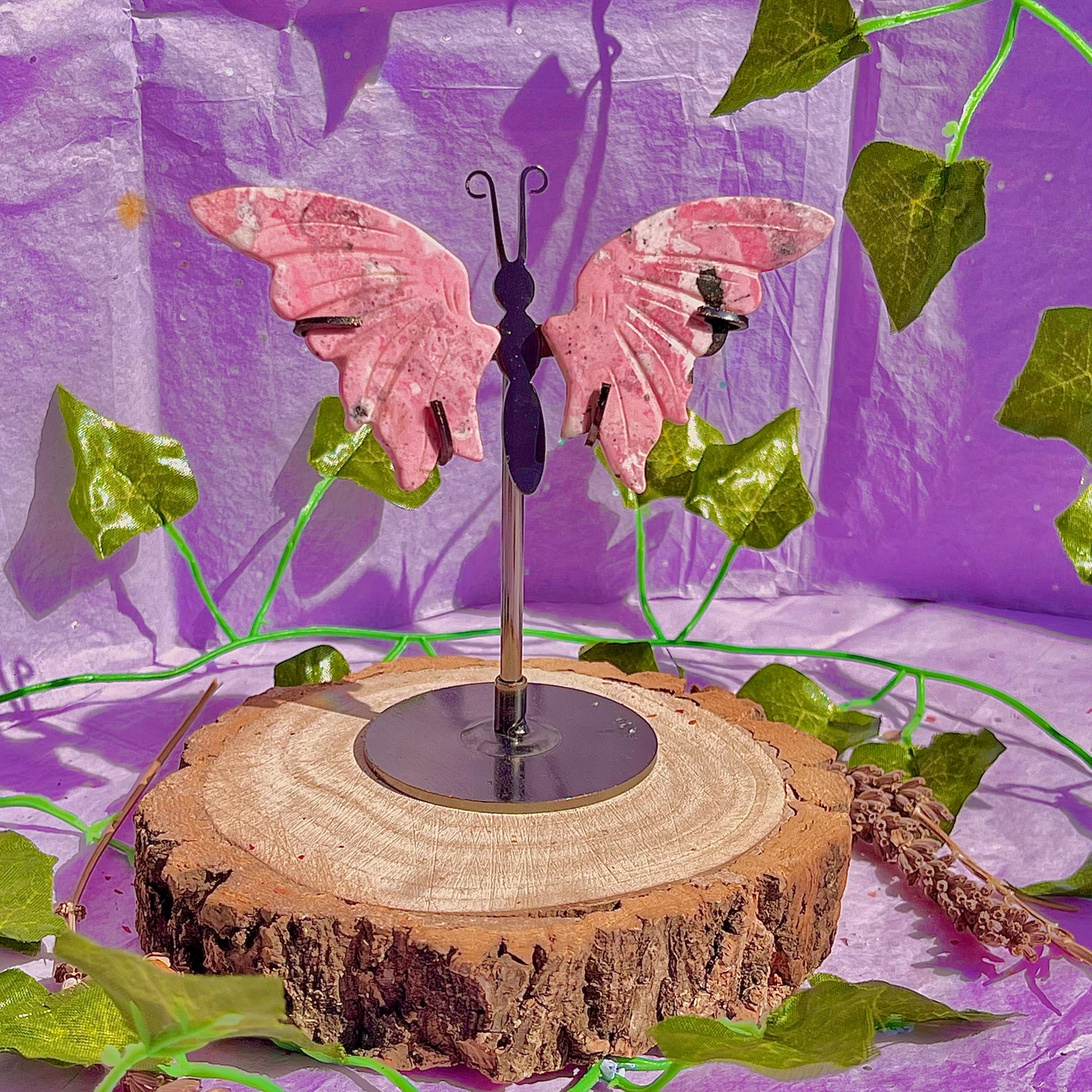 rhodonite butterfly wings on stand