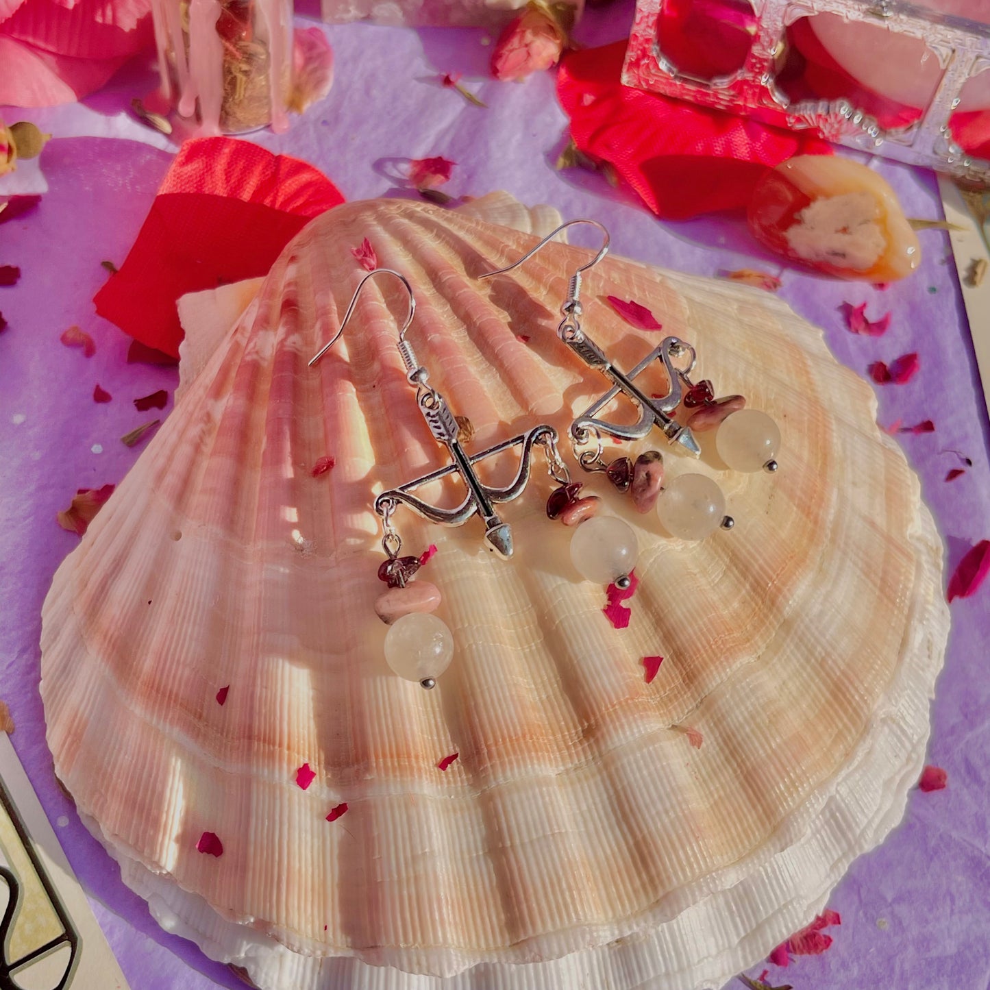 cupid arrows on 925 sterling silver hooks ~ garnet, rhodonite & rose quartz